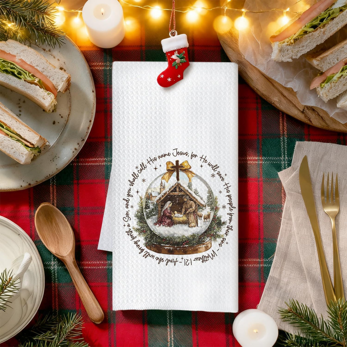 Christmas Nativity Christian Kitchen Towels, Matthew 1:21 Bible Verse Decor Dish Tea Towels for Kitchen, Winter Holiday Religious Xmas Hand Towel for Bathroom Decor, 16x24 Inches