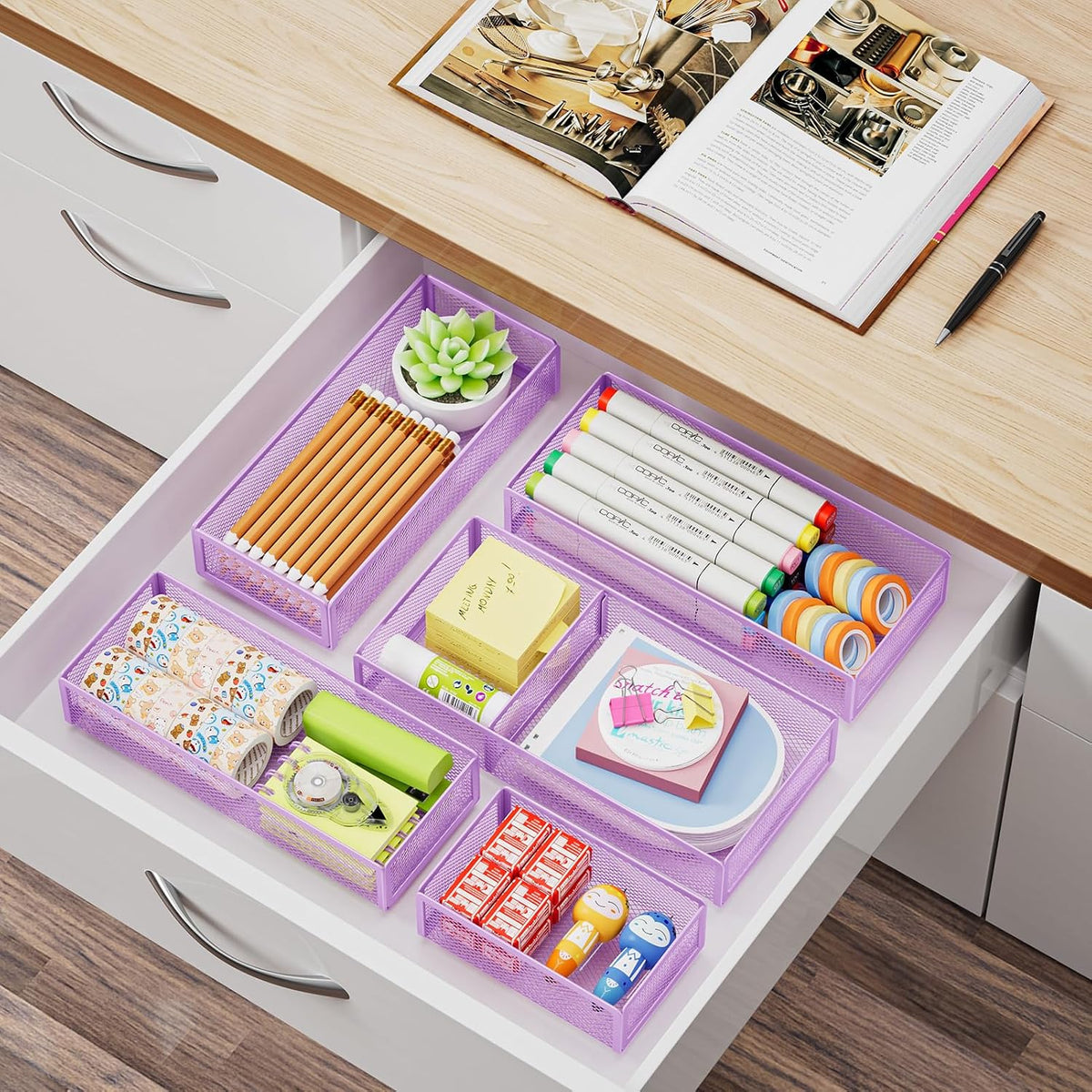 Marbrasse 5 Pack Desk Drawer Organizer Set, Mesh Drawer Storage Trays with 1 Adjustable Divider, Desk Organizers and Accessories, 5 PCS Drawer for Office Supplies, Makeup & Vanity (Purple)