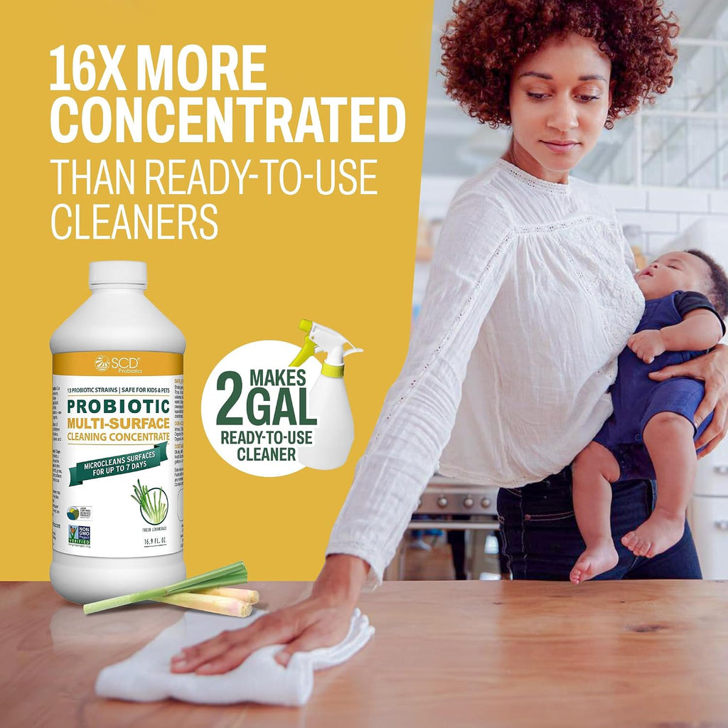 Probiotic Multi-Surface Cleaning Concentrate, Lemongrass – USDA Certified Biobased, Microcleans Surfaces for Up to 7 Days, Refill Bottle Makes 2 Gal Probiotic Spray Cleaner – 17 Fl Oz.