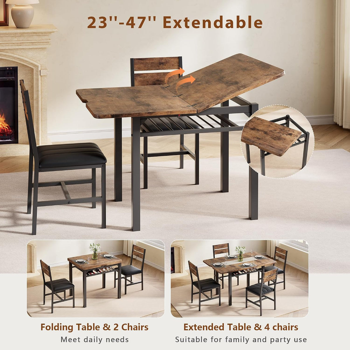 MapleGrace Extendable Dining Table Set for 4 with Built-in Shelf Rack Brown