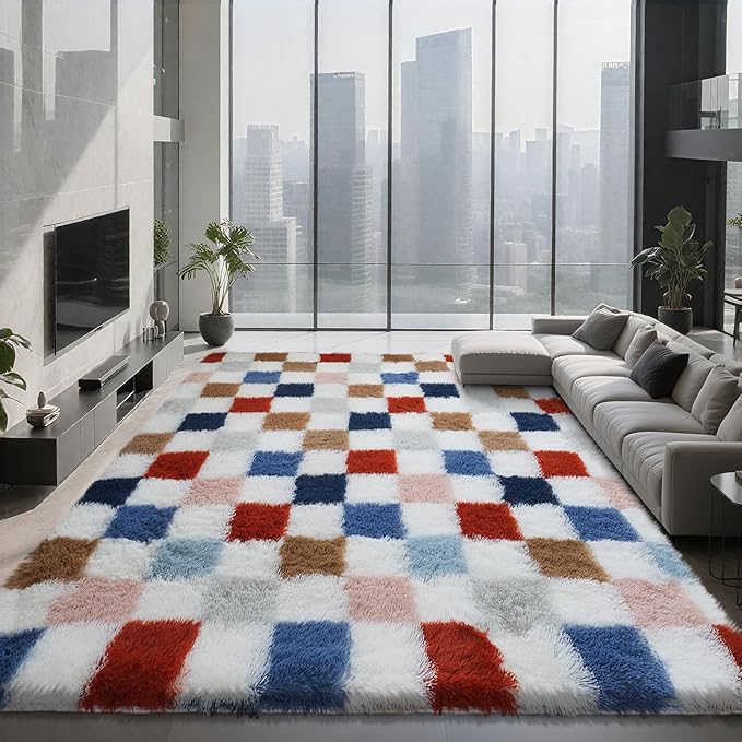 Shag Area Rug for Bedroom Living Room, 5x8 Fluffy Soft Colorful Checkered Rug - Image 8