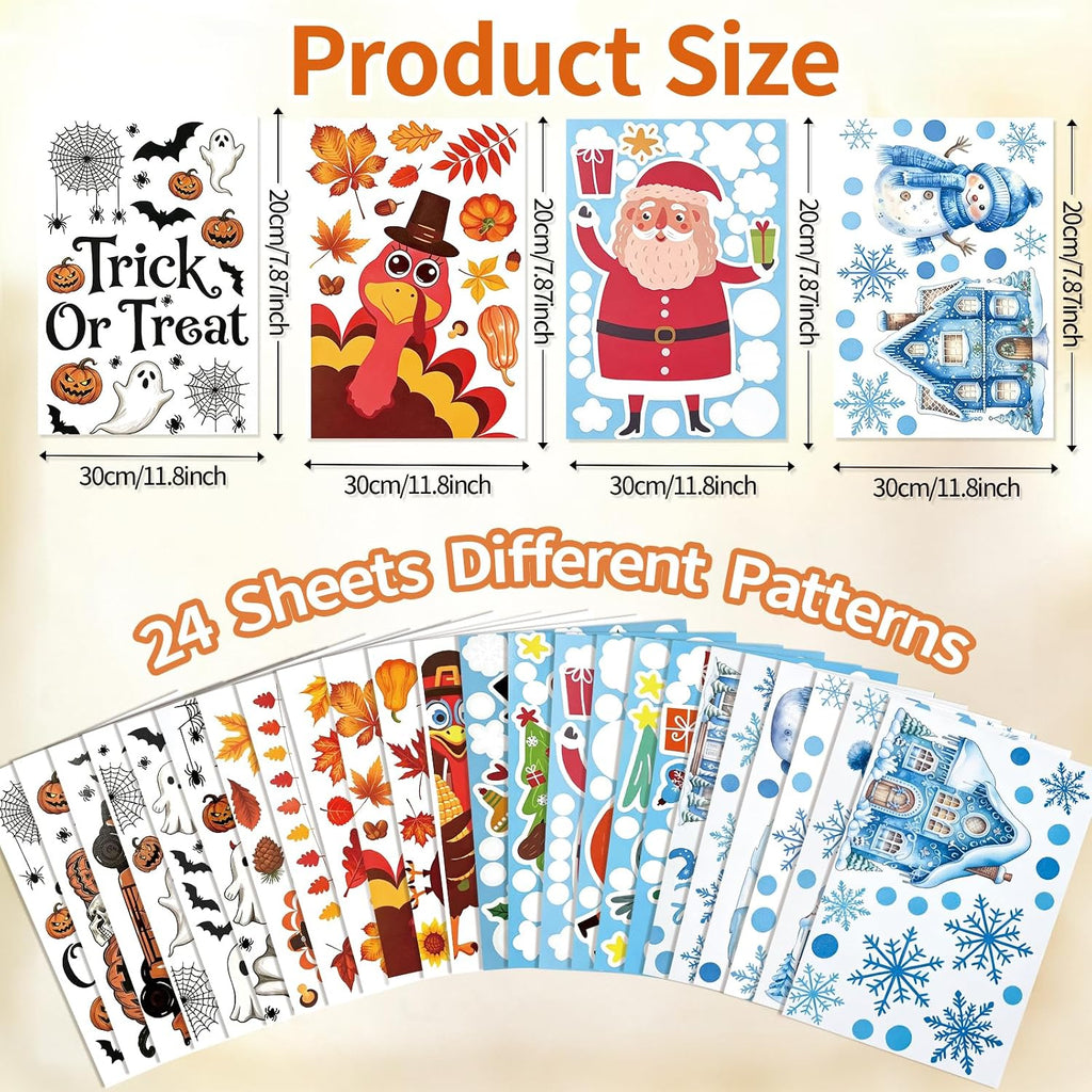 24 Sheets Halloween Thanksgiving Christmas Winter Window Clings Decals Ghost Pumpkin Turkey Santa Claus Snowman Stickers Decor for Indoor Holiday Party Decorations Favors School Home Store Glass Door