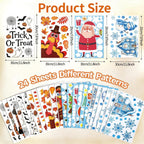 24 Sheets Halloween Thanksgiving Christmas Winter Window Clings Decals Ghost Pumpkin Turkey Santa Claus Snowman Stickers Decor for Indoor Holiday Party Decorations Favors School Home Store Glass Door