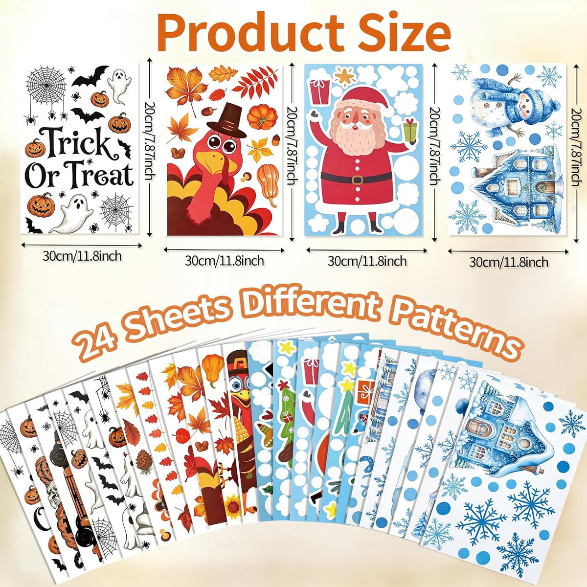 24 Sheets Halloween Thanksgiving Christmas Winter Window Clings Decals Ghost Pumpkin Turkey Santa Claus Snowman Stickers Decor for Indoor Holiday Party Decorations Favors School Home Store Glass Door