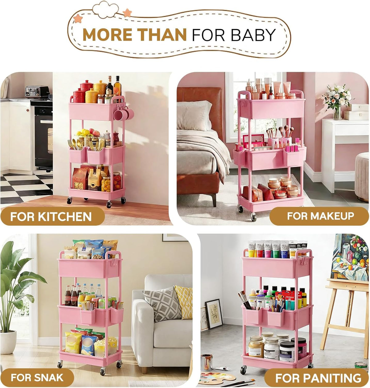 Diaper Cart with Lockable Wheels and Easy Assembly, 3 Tier Pink