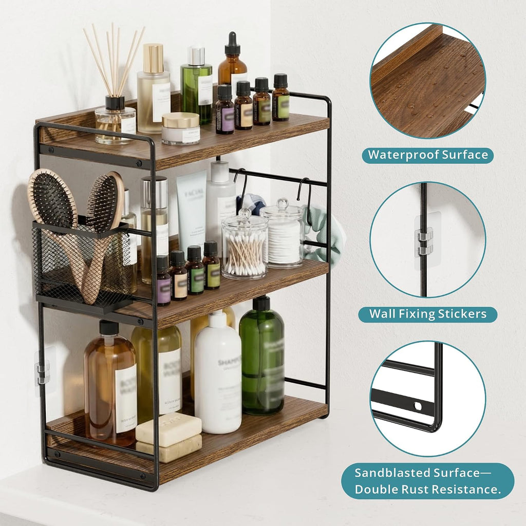 3-Tier Bathroom Counter Organizer and Storage with Basket, Brown