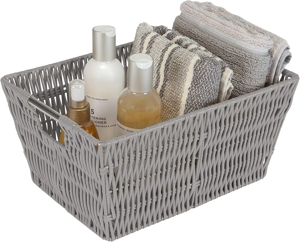 Simplify 3 Piece Set Woven Rattan Tote Baskets | Multi-Size | Handles | Storage & Organization | Toys | Bathroom Accessories | Home | Office | Dorm | Playroom | Closet | Grey