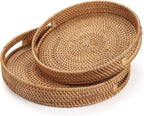 Round Rattan Serving Tray Decorative Woven Ottoman Trays with Handles for Coffee Table Natural (Small 11.8 inch x 2 inch)