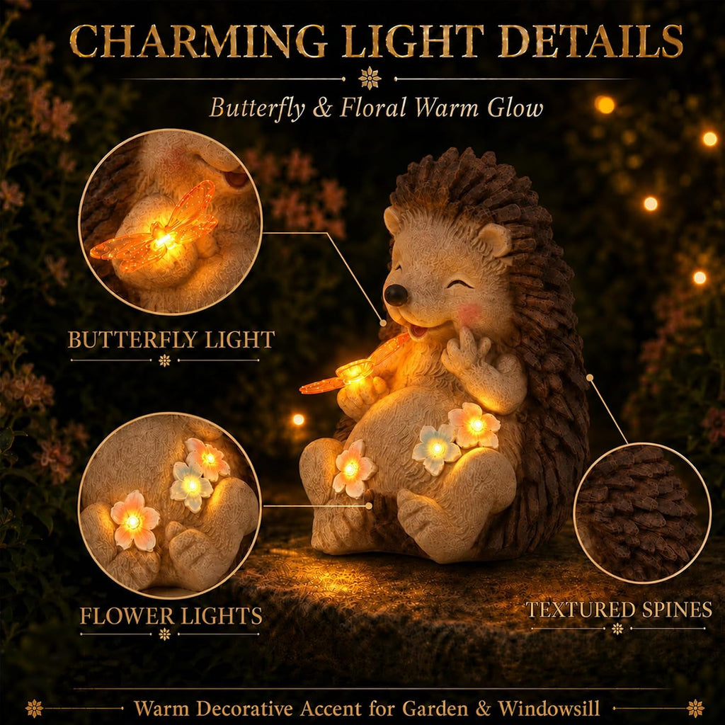 Solar Hedgehog Garden Statue with 4 LED Lights, Outdoor Yard Decor