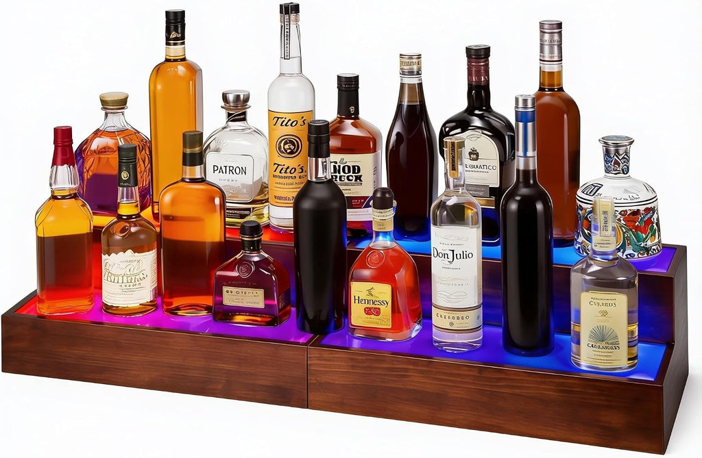 2 Pack LED Liquor Bottle Display Shelf , 2 Tier Real Wood Bar Shelves for Liquor Bottles, Lighted Bar Bottle Display Shelves with Remote, Bottle Organizer for Home Bar, Holds Up to 20 Bottles