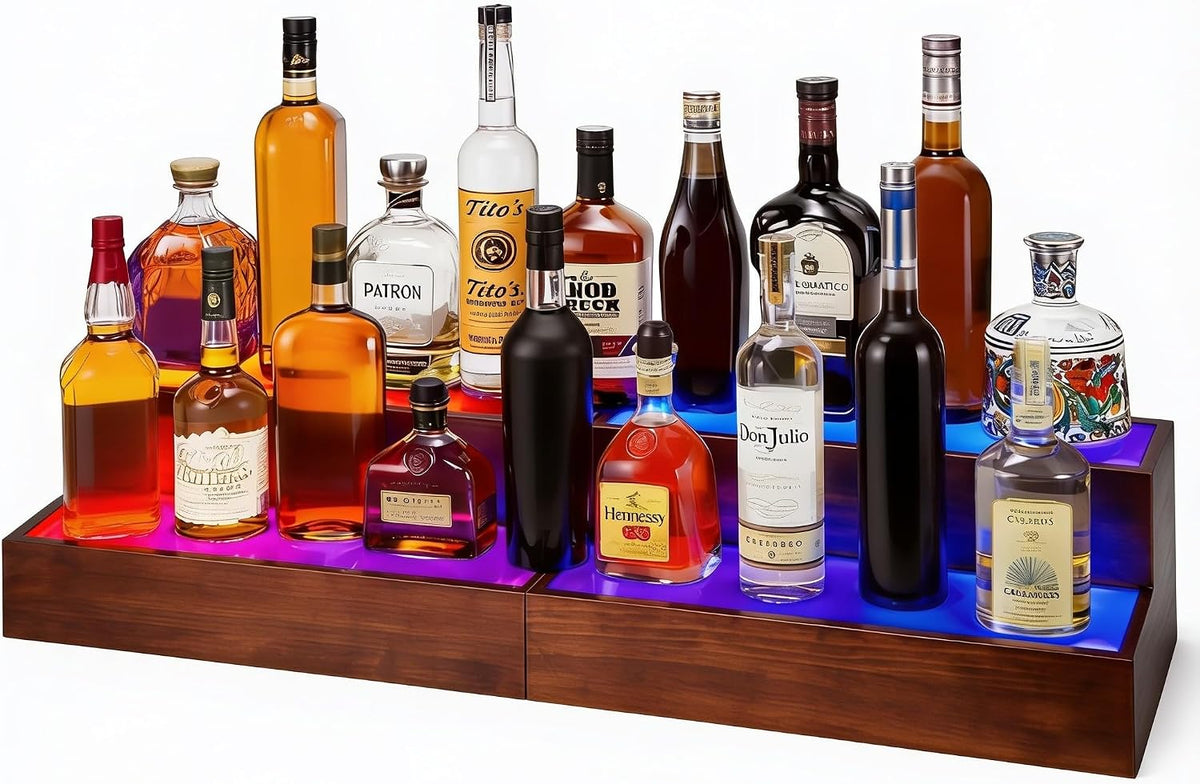 2 Pack LED Liquor Bottle Display Shelf , 2 Tier Real Wood Bar Shelves for Liquor Bottles, Lighted Bar Bottle Display Shelves with Remote, Bottle Organizer for Home Bar, Holds Up to 20 Bottles