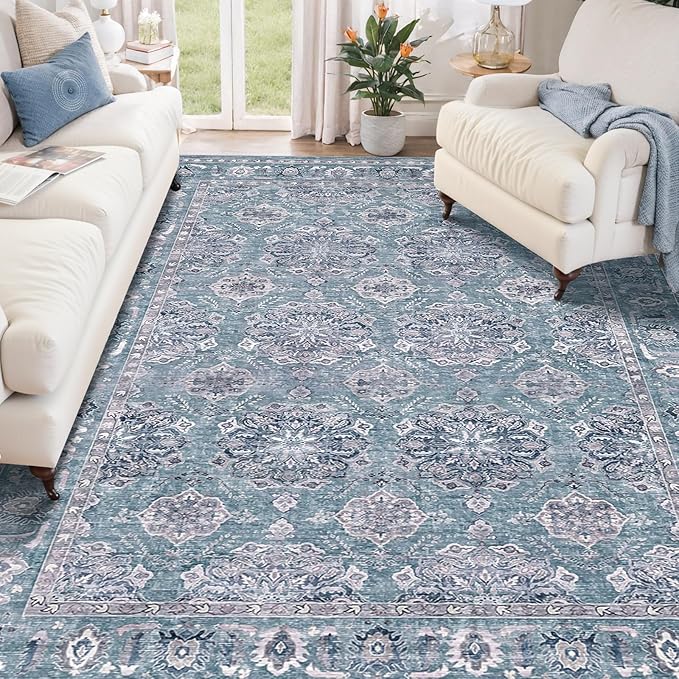 SERISSA Boho Area Rug 5x7 Blue Grey, Washable Large Rugs by SERISSAHomeDecorCollection