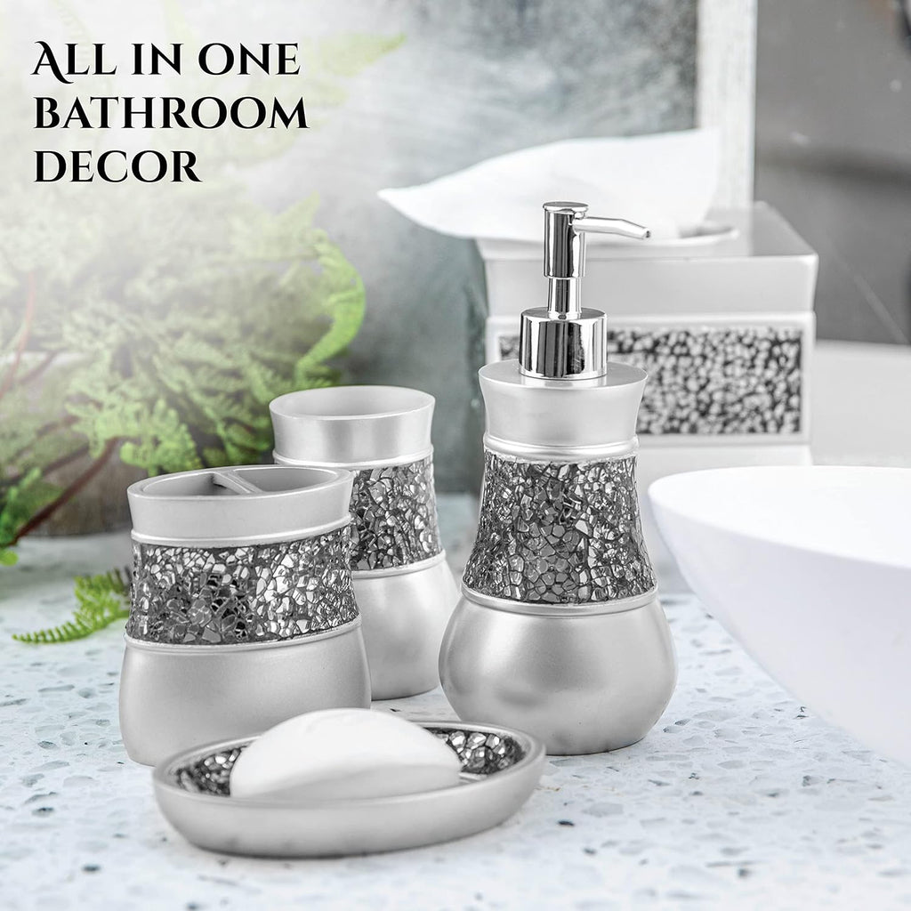 Creative Scents Crackled Glass 6 Pc. Silver Resin Bathroom Accessories Set