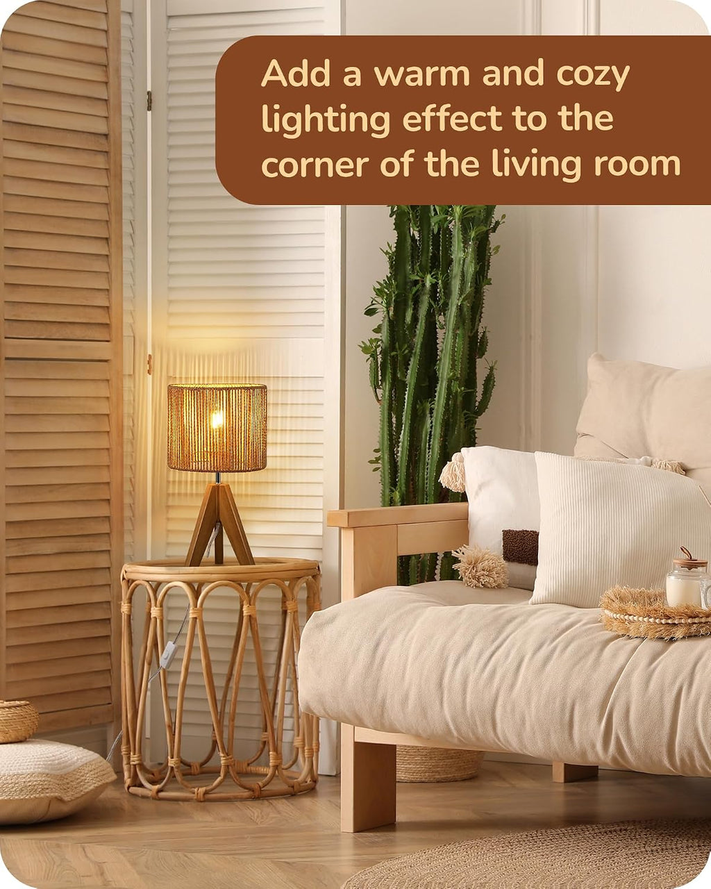 EDISHINE Small Rattan Table Lamp, Wood Tripod Bedside Lamp, 14.2", E26 Base