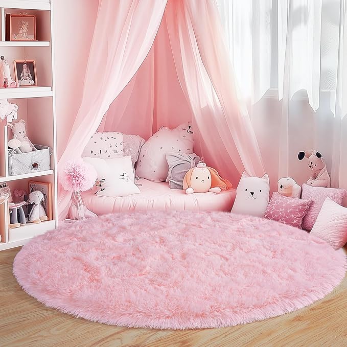 3'x3' Round Pink Rugs for Girls Bedroom, Ultra Soft Fluffy Circle Rug for Kids - Image 2