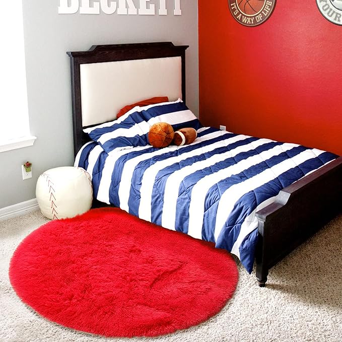 Red Round Circle Rug 6Ft for Bedroom, Large Fluffy Shag Area Rugs for Kids Room - Image 5