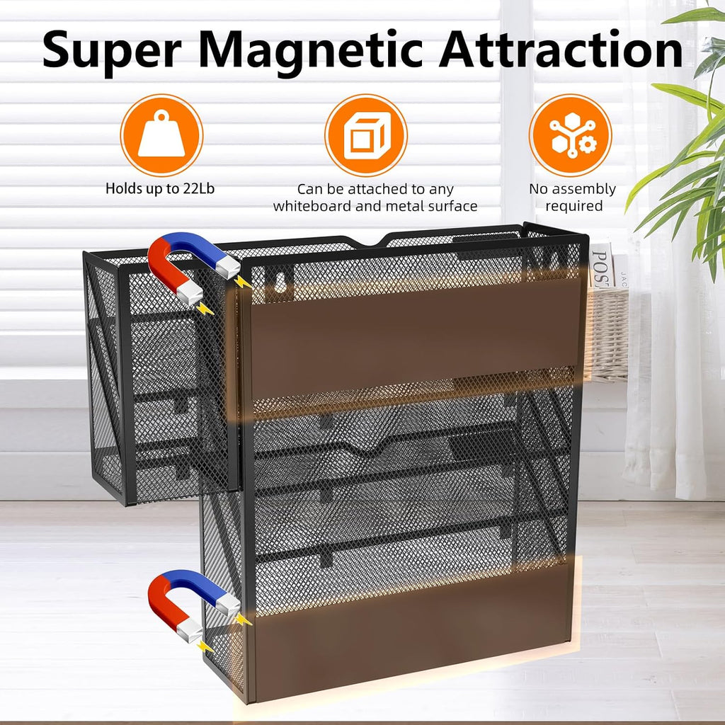 Magnetic File Holder, Magnetic File Organizer Wall Mount, 5 Tier Hanging Mail Organizer Folder Holder, Mesh Desk Accessories and Organizers, Paper Document Magazine Rack with 3 Pen Holder