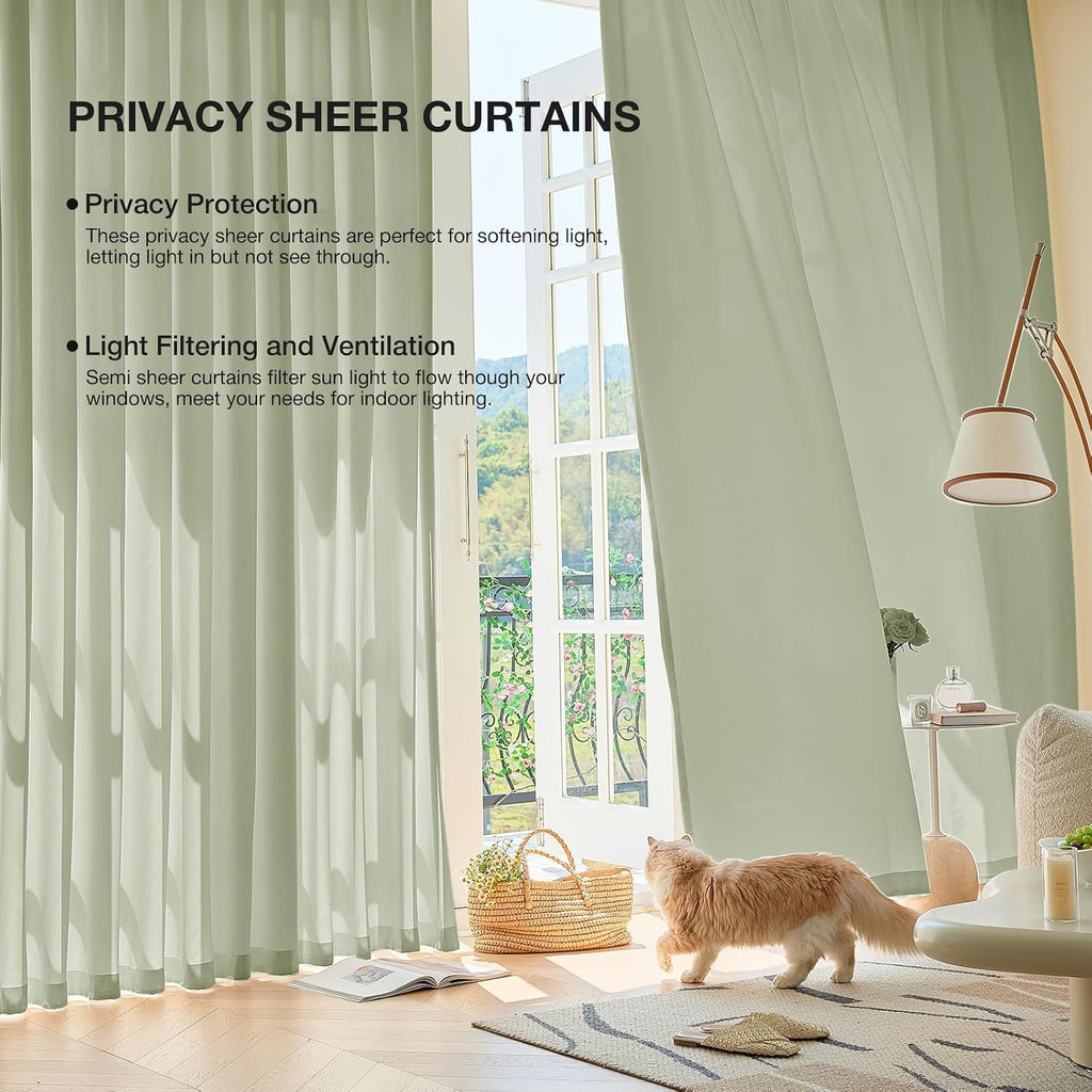 Anmao Non-See-Through Sage Green Privacy Semi Sheer Curtains for Living Room 84 Inch Length 2 Panels Set, Light Filtering that Let Light in Rod Pocket Window Drapes for Bedroom, 52W x 84L, Sage