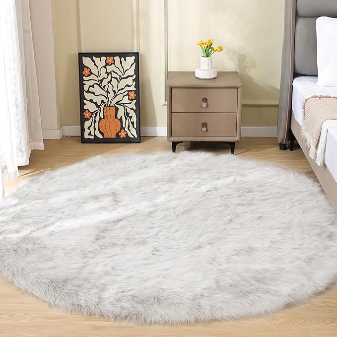 ORINOVA White Shag Round Rugs 6ft Washable Faux Sheepskin Fluffy Fur Area Rugs by ORINOVA