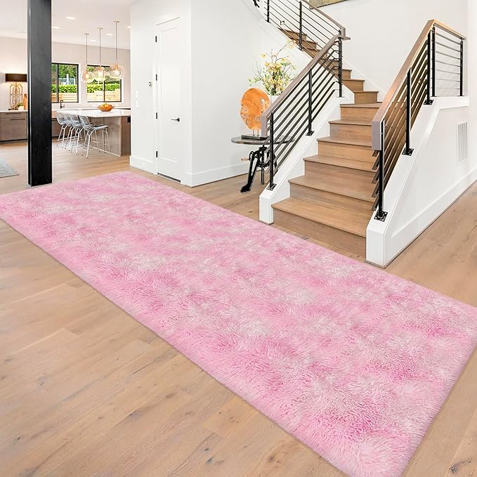 Super Soft Fluffy Living Room Area Rug 3x10 ft Tie-Dyed Light Pink Shaggy Furry by JiaoBaba