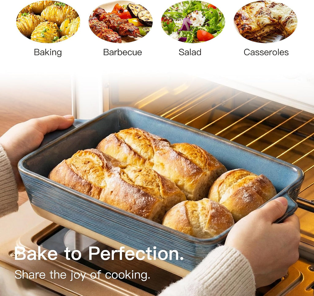 Dafuceramic Casserole Dish for Oven, 4.2 QT Baking Dish, 9x13 Large Porcelain Baking Pan, Durable Rectangular Lasagna Pan Deep with Handles, Microwave Oven Safe, Home Decor, Wedding Gift, (Khaki & Blue)