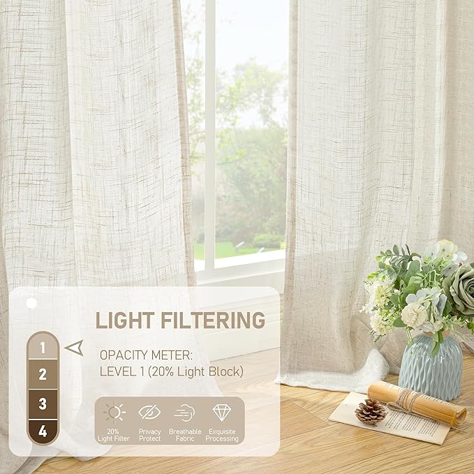LAMIT 54 inches Long Semi Sheer Linen Curtains 2 Panels, Cream Ivory Light - Image 4