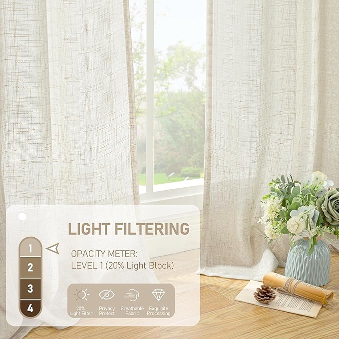 LAMIT Light Filtering Natural Linen Curtains 63 inches Long, Ivory Cream Linen - Image 4