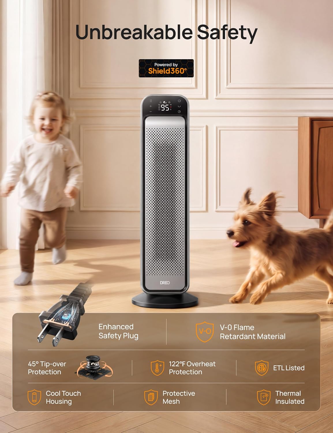 DREO Ceramic Space Heater for Indoor Use 25 Inch, Remote and Thermostat