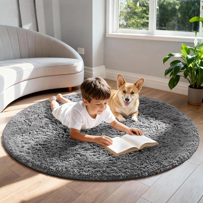Ophanie Round Rug 5Ft Grey Circle Area Rugs, Fluffy Fuzzy Bedroom Carpet 5 Foot - Image 3