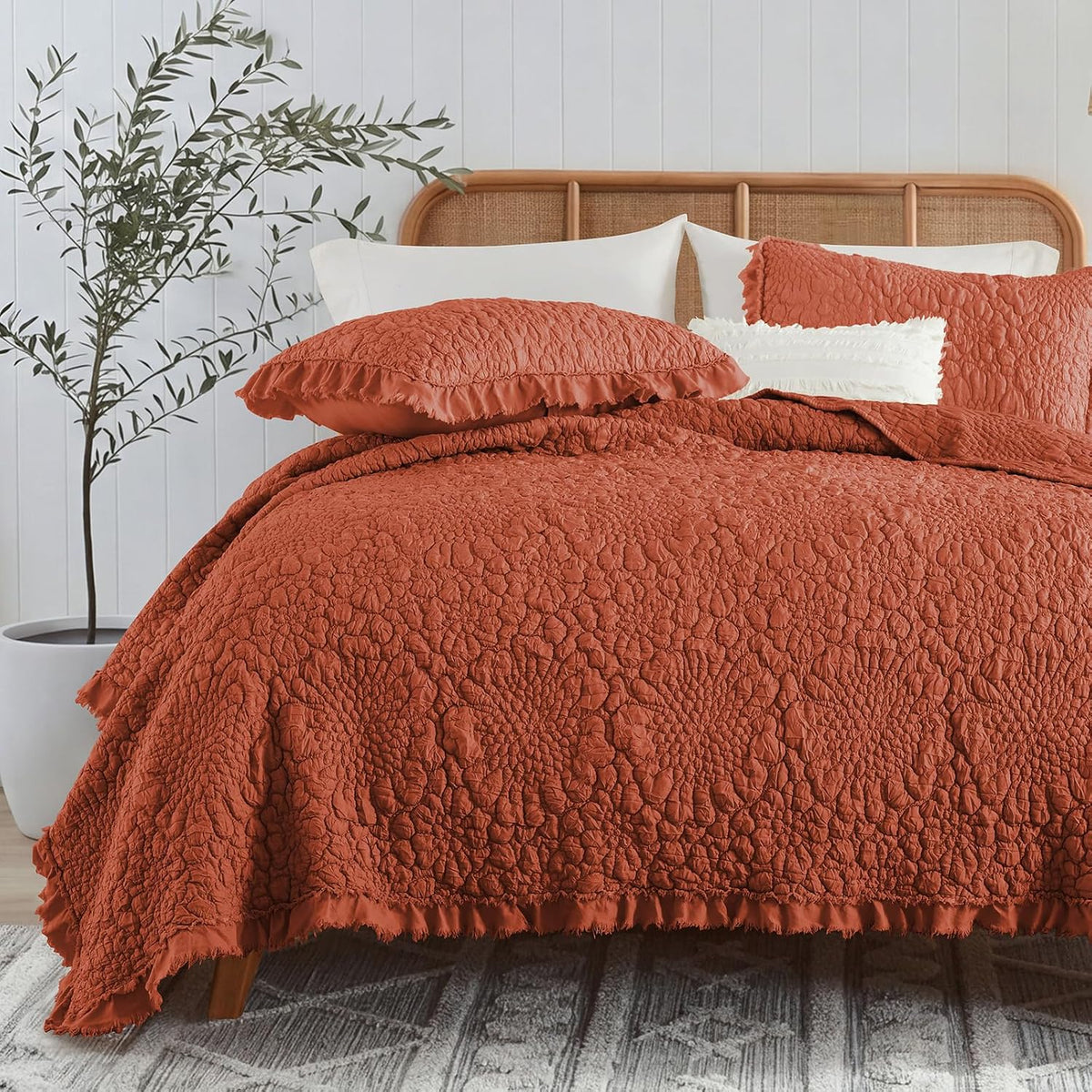 HORIMOTE HOME Shabby Chic Quilt Set Queen Size, Burnt Orange, 90x96 inches