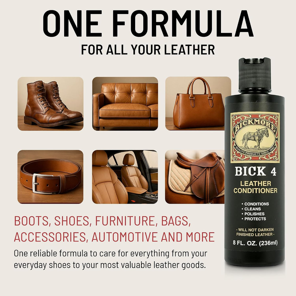 Bick 4 Leather Conditioner & Cleaner, Won't Darken Boots, Couch, Bags 8 oz
