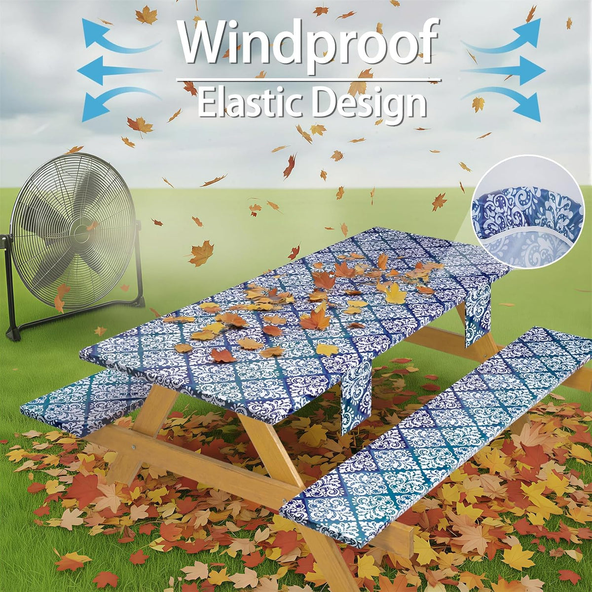 Fitted Waterproof Picnic Table Cover with Bench Covers Elastic Reusable Camping Table Cloths for 6Ft Rectangle Tables Summer Camp Motorhome Party Gear Outdoors Car Travel Trailer Gadgets Gift