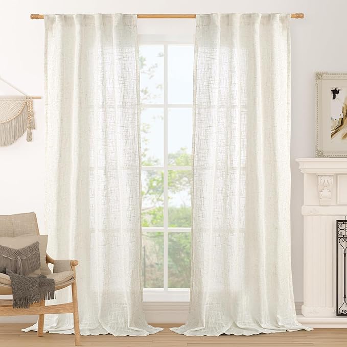 LAMIT Cream Linen Boho Curtains 84 inch Length 2 Panels, Light Filtering Semi by LAMIT