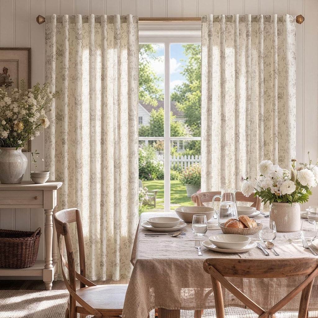 Vangao Taupe Floral Linen Curtains for Living Room 84L 2 Panels for Bedroom
