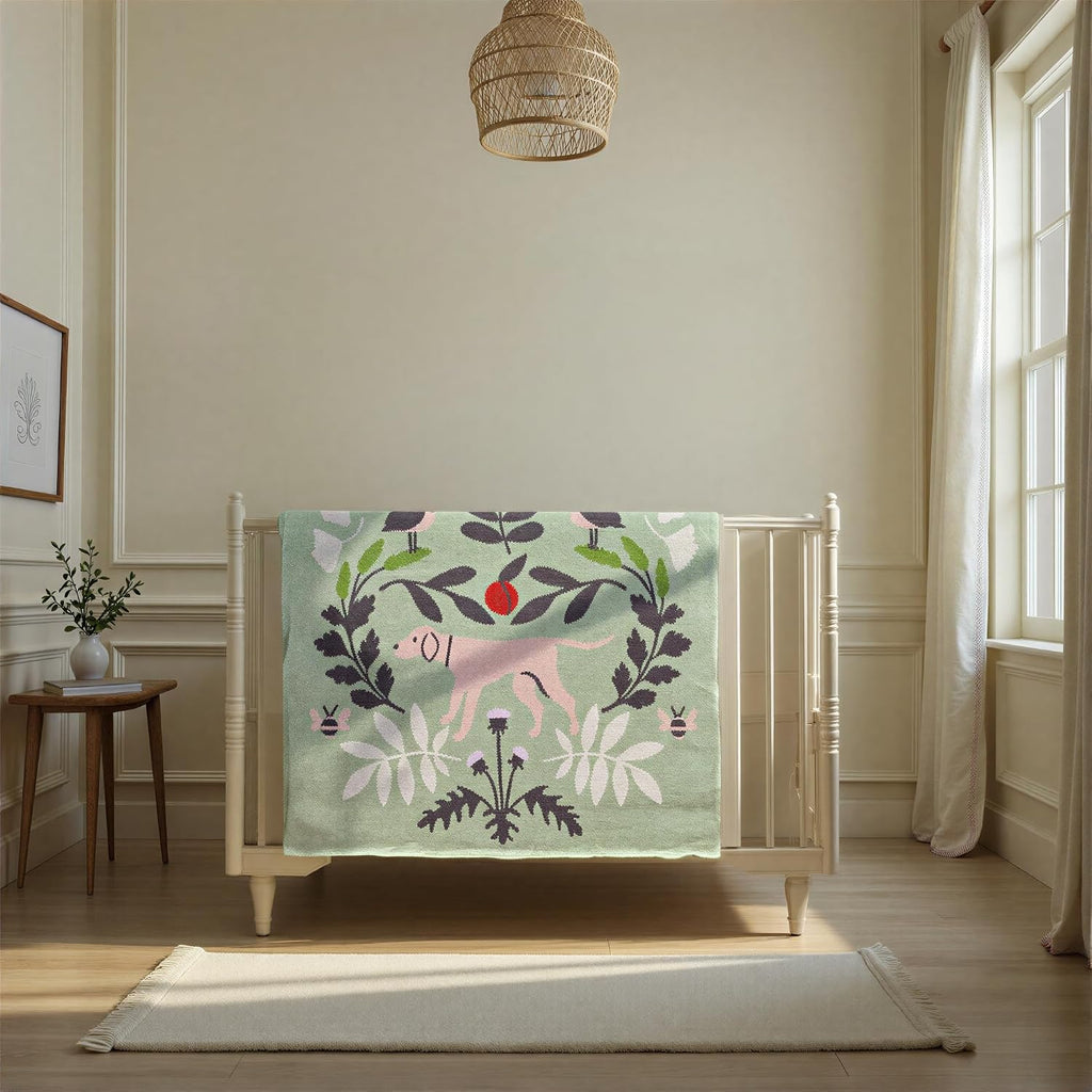 Creative Co-Op Cotton Knit Baby Blanket with Botanical and Animal Motifs, Multicolor