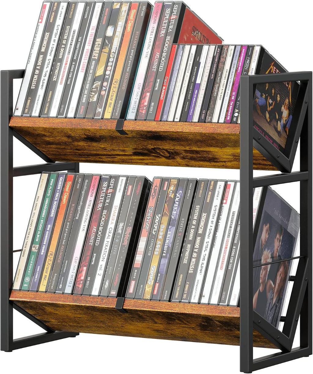 2 Tier CD Storage Rack, Wooden DVD Holder with Adjustable Dividers
