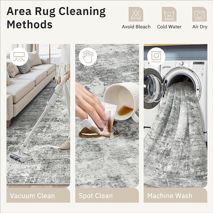 Abstract Rug 5x7 Machine Washable Area Indoor Grey White Low Pile Non-Slip - Image 9