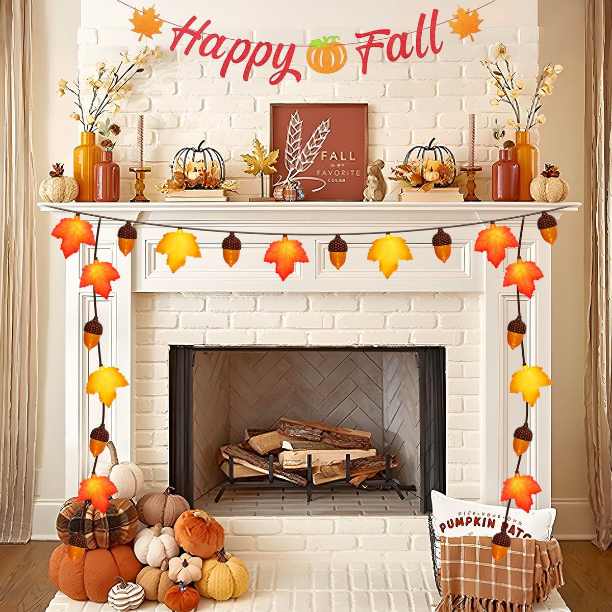 8.5Ft Fall Decor Maple Leaves Acorn Lights String, Fall String Lights Plug in with 10 LED Yellow/Orange Maple Leaf Acorn Light for Home Porch Fireplace Autumn Harvest Party Thanksgiving Decor, 0.48W