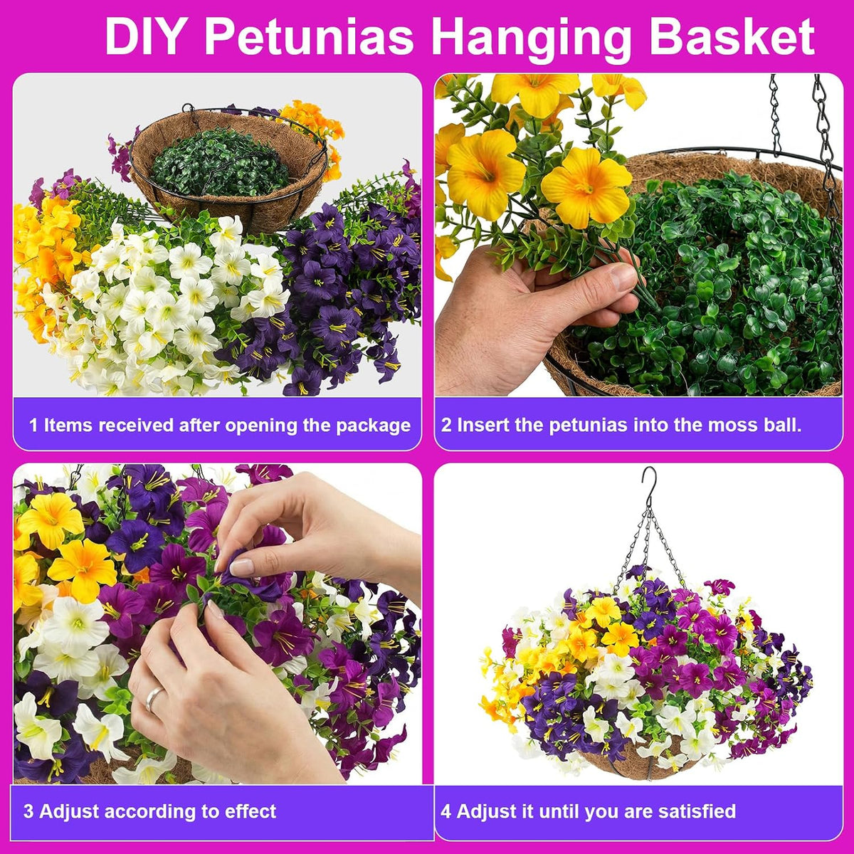 Daynight 2 Set Artificial Outdoor Hanging Baskets with 24 Pcs Petunias