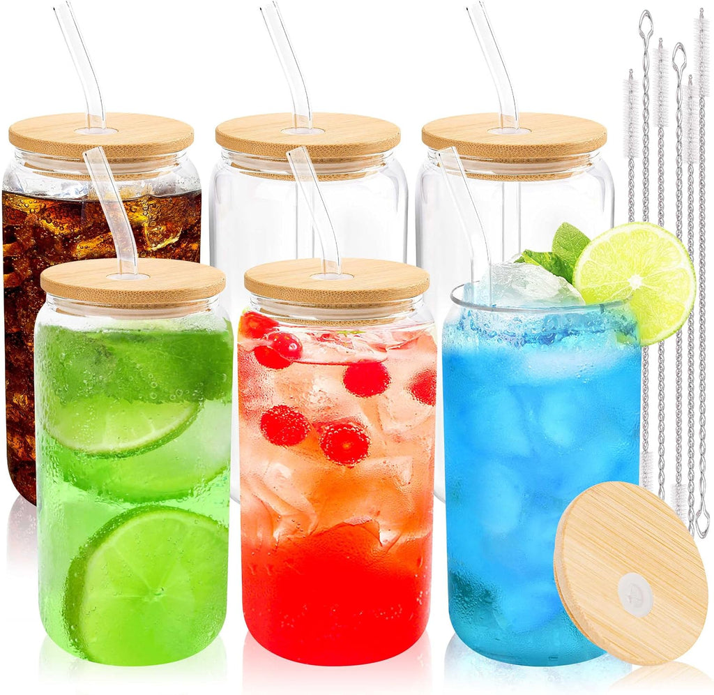 Joyclub 6pcs 16Oz Glass Cups with Bamboo Lids and Straws Drinking Glasses