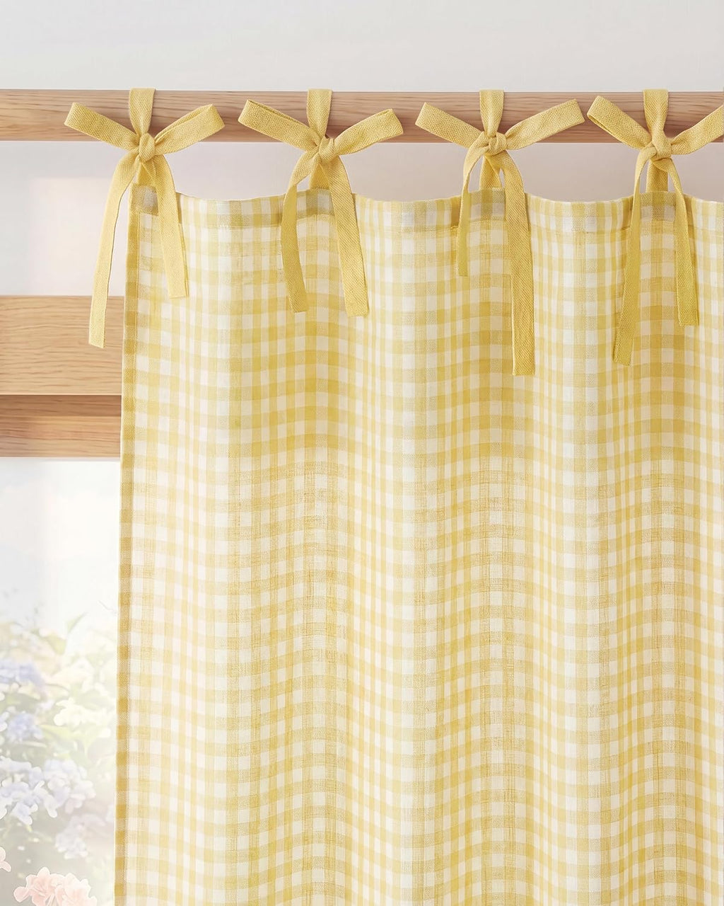 NICETOWN Butter Yellow Gingham Curtains, Tie Top Bow Knot Checkered Window Treatments Cheerful Rustic Farmhouse Semi Sheer Plaid Light Filtering Drapes for Kitchen Dining Room, W52 x L84, 2 Panels
