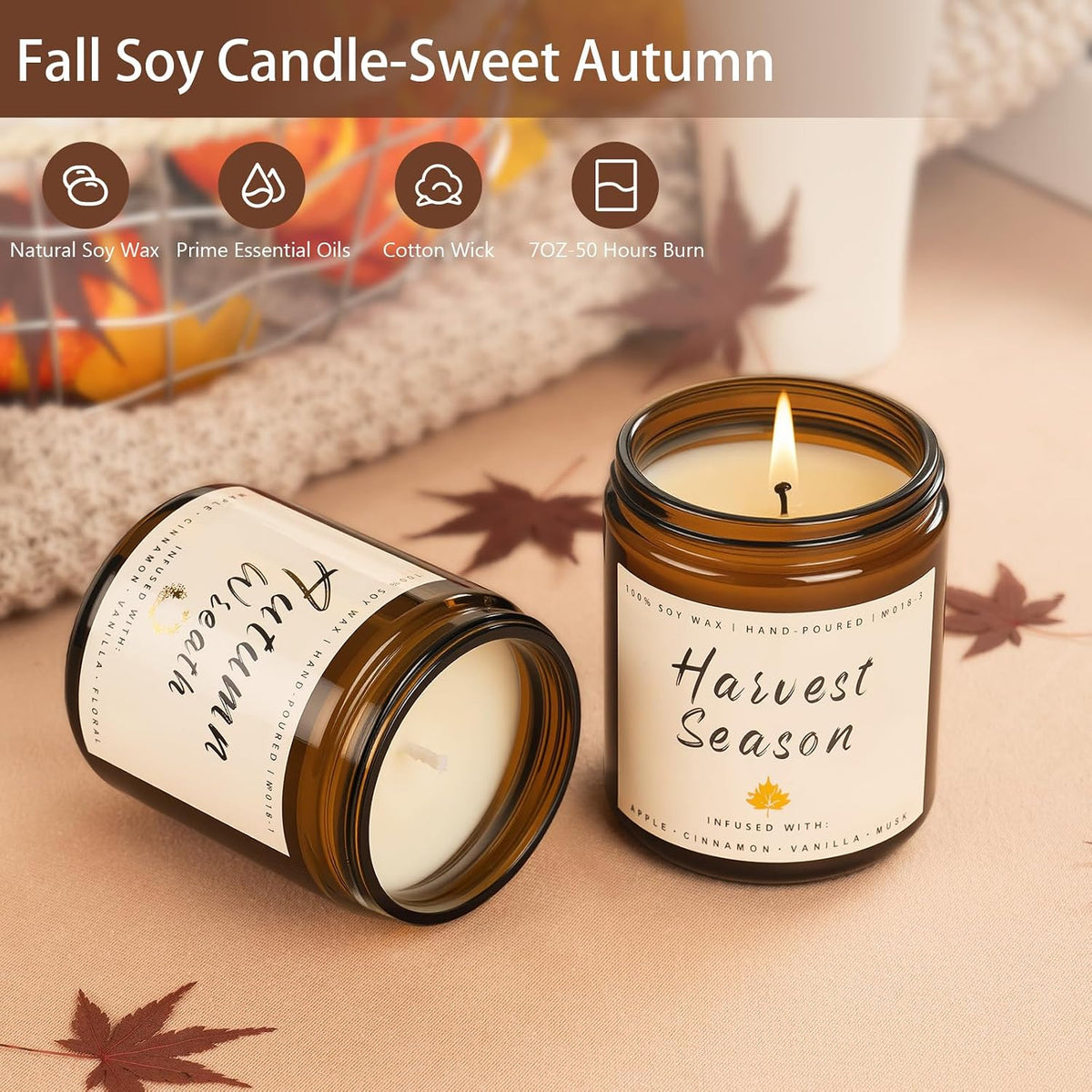 Auelife Fall Candles, 6 Pack Scented Candle Set, 42 oz Holiday Soy Candles, Candle Gifts Set for Men and Women, Home Decor of Wreath/Apple/Latte/Harvest/Vanilla/Cinnamon