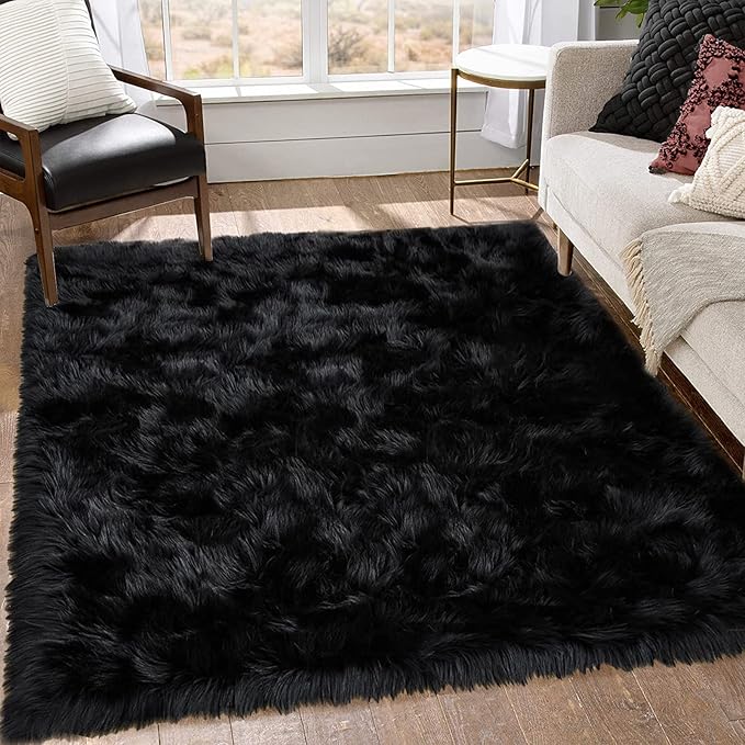 Goolela Black Area Rug 6x9 Fluffy Fuzzy Furry Shag Faux Sheepskin Fur Rug - Image 2