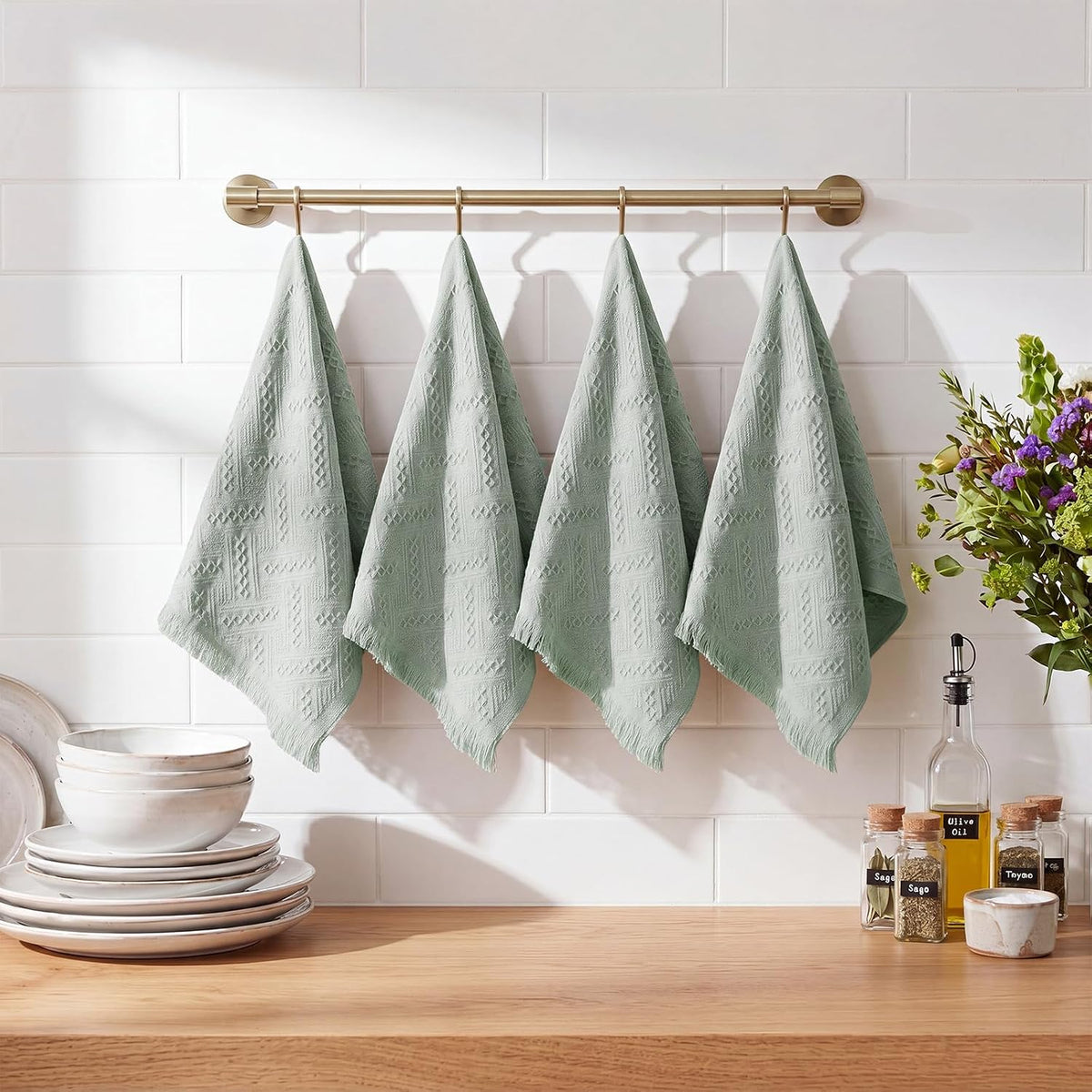 4 Pack Boho Hand Towel for Bathroom Kitchen, Mint Green