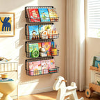 X-cosrack 4-Pack Wall Mounted Metal Kids Bookshelf, Floating Book Shelves for Kids Nursery Toddler Classroom, Hanging Book Shelf Organizer for Room Decor, Black