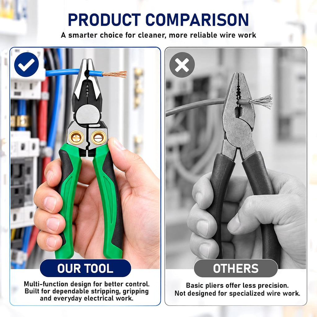 8‑in‑1 Wire Stripper Pliers, Non‑Contact Voltage Tester, Multi‑function electrician pliers for stripping cutting crimping, 12‑250V tester, fits auto HVAC home wiring maintenance, Green&Black