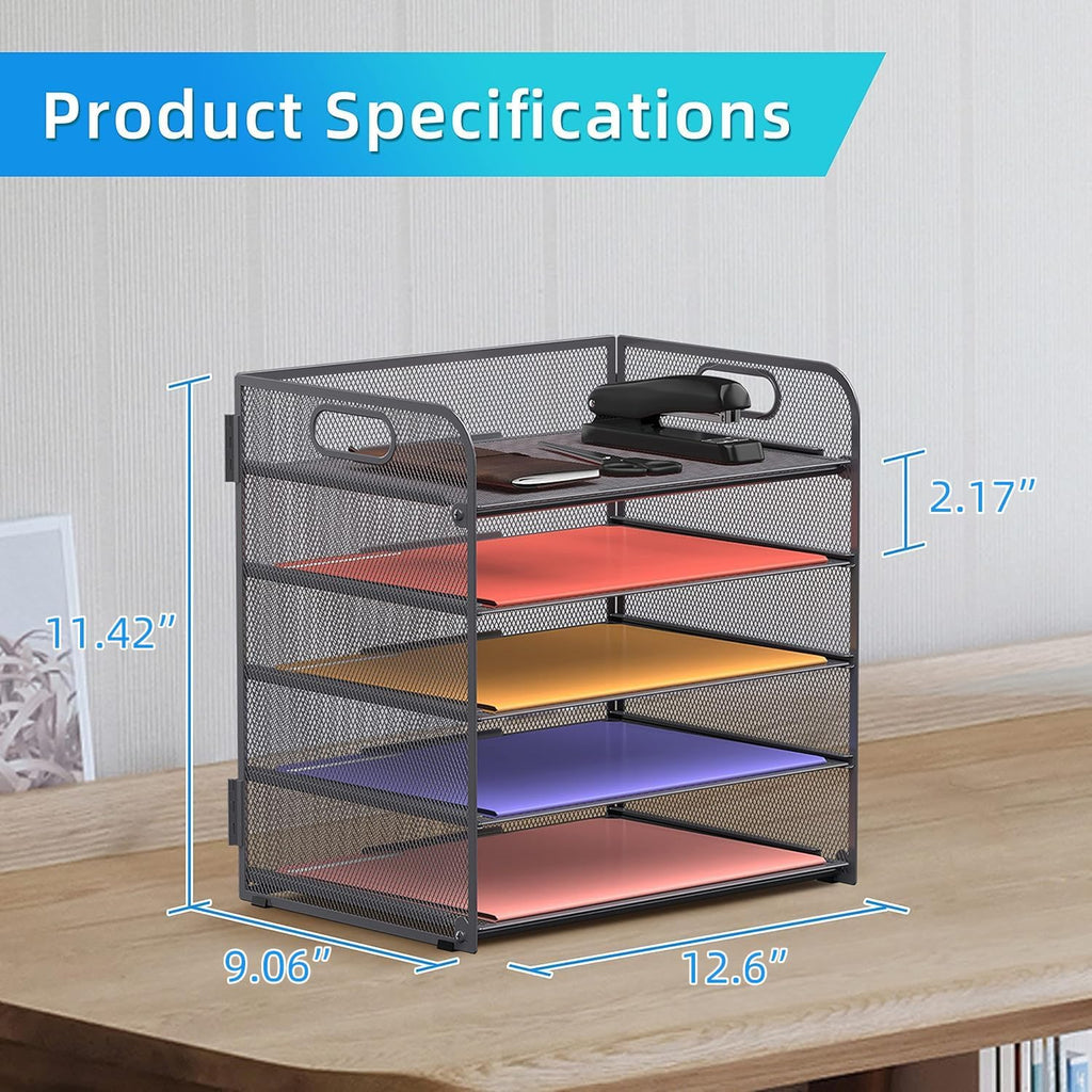 5 Trays Paper Organizer Letter Tray with Handle-Mesh Desk File Organizer, Grey Paper Sorter Desk Organizer for Office, Home or School
