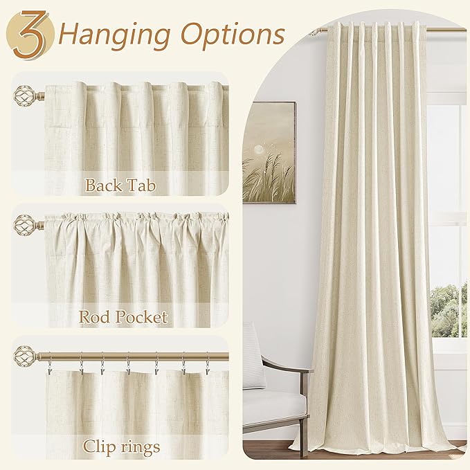 Warm Beige 100% Blackout Linen Curtains 84 Inch Length 2 Panels Set - Image 6