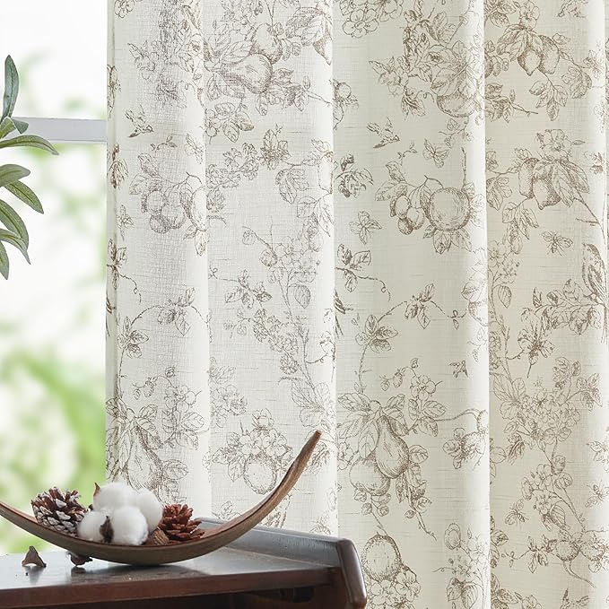 jinchan Linen Floral Curtains for Living Room 84 Inch Length Taupe Printed by JINCHAN