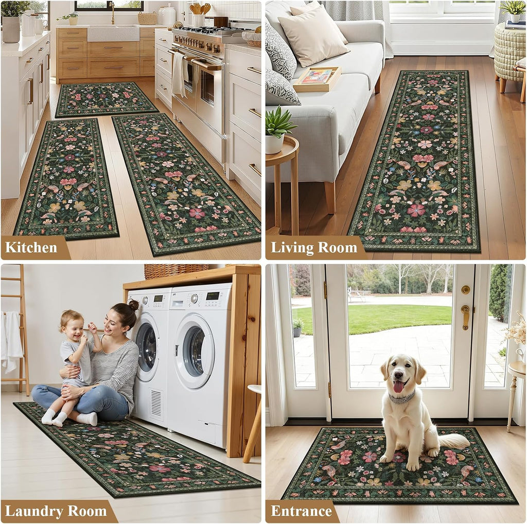 HEBE Boho Kitchen Rugs Set of 3, Non Slip Washable Kitchen Mats for Floor